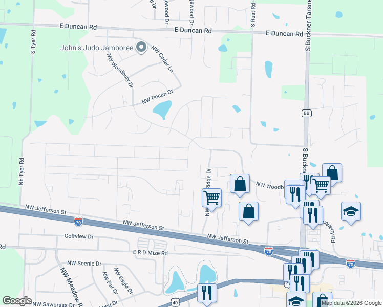 map of restaurants, bars, coffee shops, grocery stores, and more near 613 Northwest Woodbury Drive in Grain Valley
