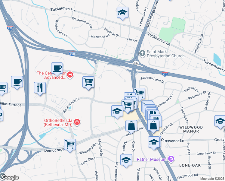 map of restaurants, bars, coffee shops, grocery stores, and more near 6425 Rock Forest Dr in North Bethesda