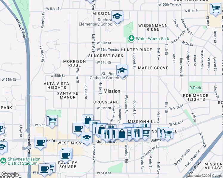 map of restaurants, bars, coffee shops, grocery stores, and more near in Mission