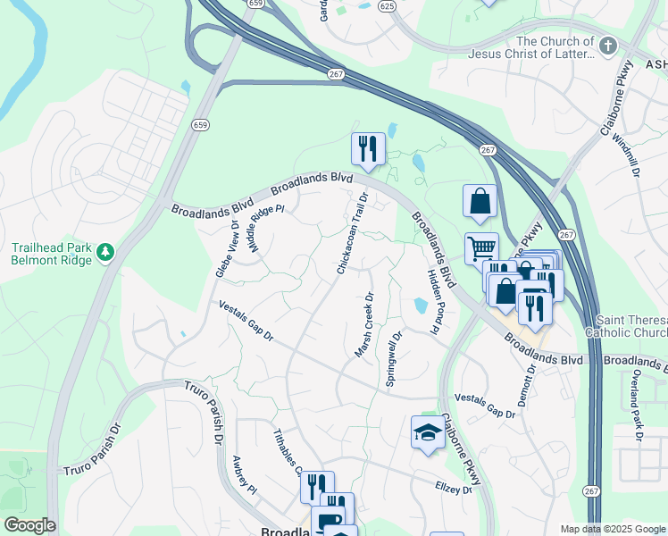 map of restaurants, bars, coffee shops, grocery stores, and more near 21381 Chickacoan Trail Drive in Broadlands