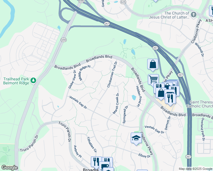 map of restaurants, bars, coffee shops, grocery stores, and more near 21381 Chickacoan Trail Drive in Broadlands
