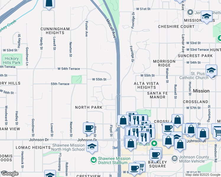 map of restaurants, bars, coffee shops, grocery stores, and more near 7205 West 55th Terrace in Mission