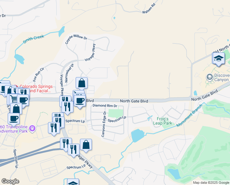 map of restaurants, bars, coffee shops, grocery stores, and more near 970 North Gate Boulevard in Colorado Springs