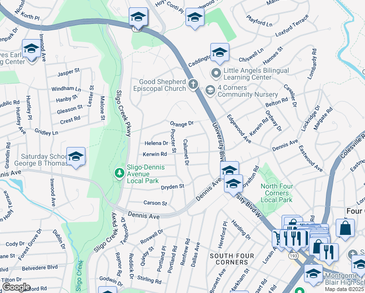 map of restaurants, bars, coffee shops, grocery stores, and more near 10504 Calumet Drive in Silver Spring