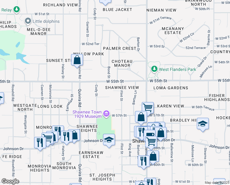 map of restaurants, bars, coffee shops, grocery stores, and more near 11414 West 55th Terrace in Shawnee