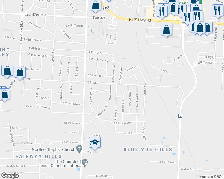 map of restaurants, bars, coffee shops, grocery stores, and more near 5113 South Delaware Avenue in Independence