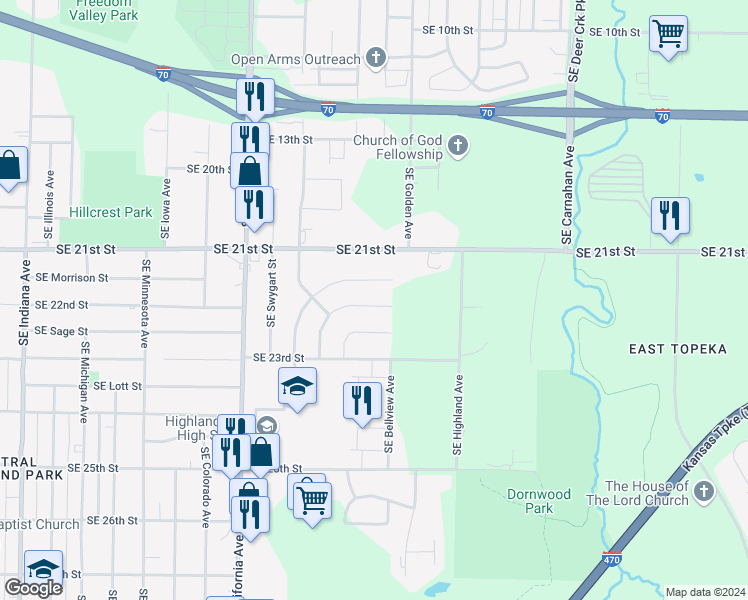 map of restaurants, bars, coffee shops, grocery stores, and more near 2300 Southeast 22nd Street in Topeka