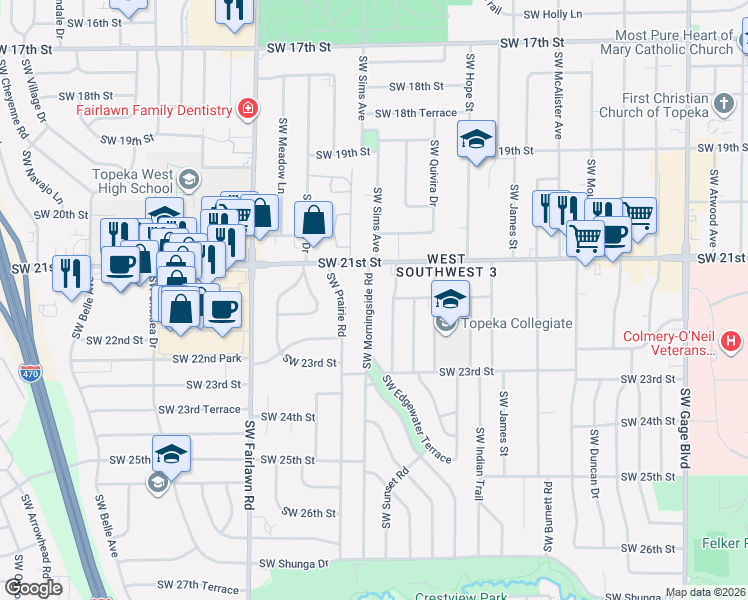 map of restaurants, bars, coffee shops, grocery stores, and more near 2113-2117 Southwest Morningside Road in Topeka