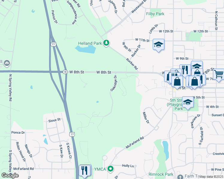 map of restaurants, bars, coffee shops, grocery stores, and more near 1537 Oakridge Drive in Junction City