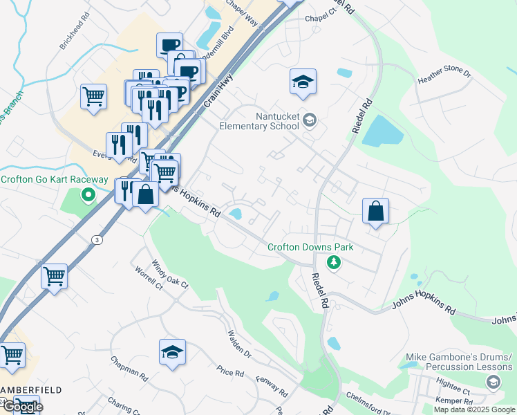 map of restaurants, bars, coffee shops, grocery stores, and more near 1495 Chatham Court in Crofton