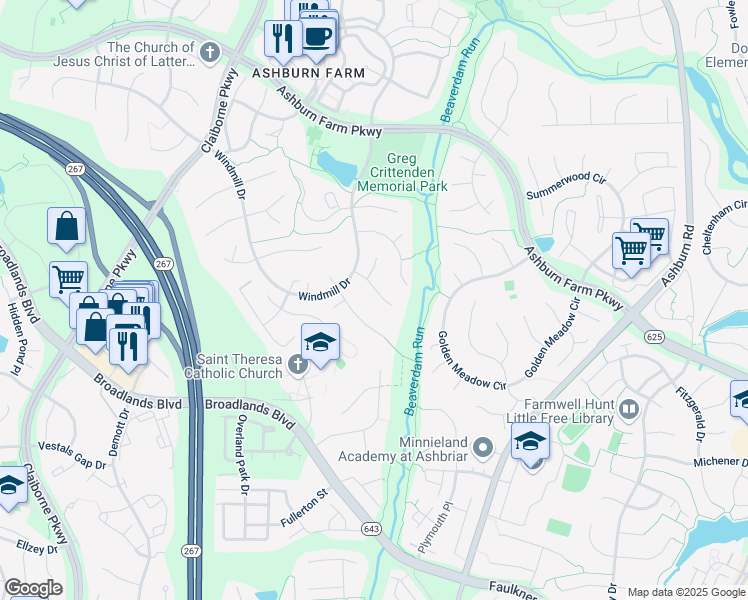 map of restaurants, bars, coffee shops, grocery stores, and more near 43447 Ridgeview Place in Ashburn