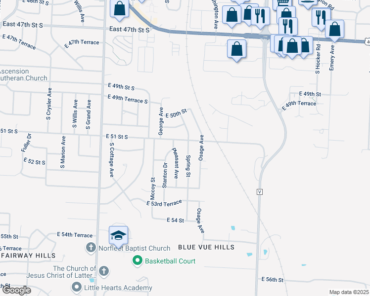 map of restaurants, bars, coffee shops, grocery stores, and more near 5106 Spring Avenue in Kansas City