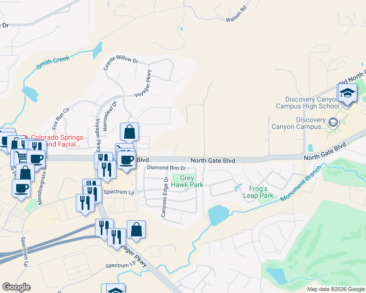 map of restaurants, bars, coffee shops, grocery stores, and more near 970 North Gate Boulevard in Colorado Springs