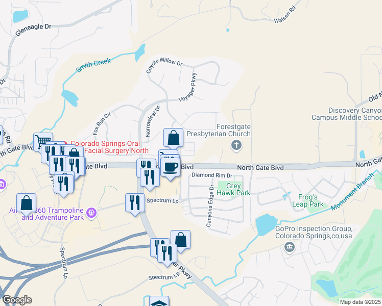 map of restaurants, bars, coffee shops, grocery stores, and more near 875 Citrine View in Colorado Springs