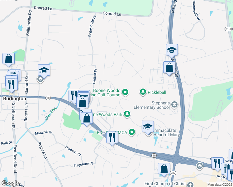 map of restaurants, bars, coffee shops, grocery stores, and more near 2231 Teal Briar Lane in Burlington