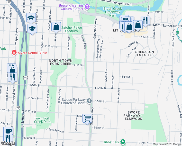 map of restaurants, bars, coffee shops, grocery stores, and more near 5329 Swope Parkway in Kansas City