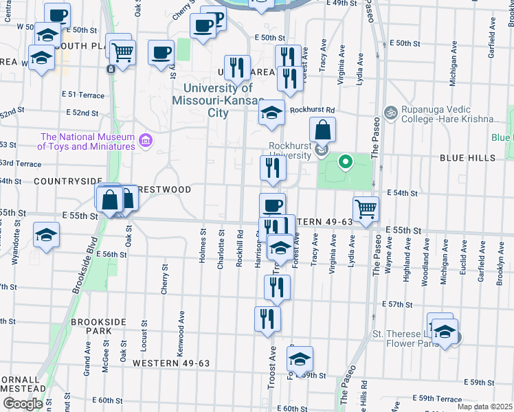 map of restaurants, bars, coffee shops, grocery stores, and more near 5408 Harrison Street in Kansas City
