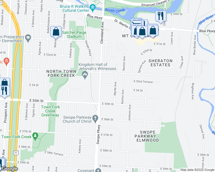 map of restaurants, bars, coffee shops, grocery stores, and more near 3821 East 53rd Terrace in Kansas City