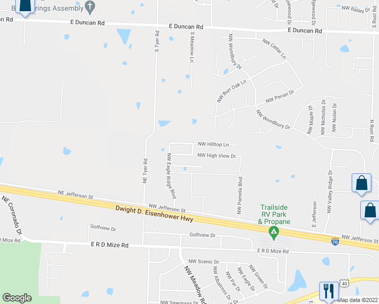 map of restaurants, bars, coffee shops, grocery stores, and more near 1600 Northwest High View Drive in Grain Valley