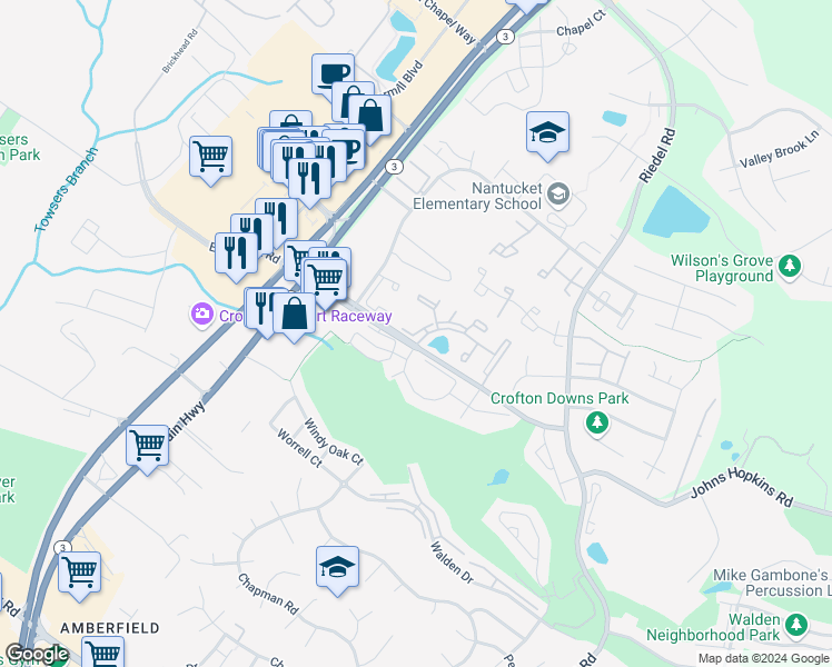 map of restaurants, bars, coffee shops, grocery stores, and more near 1470 Orleans Court in Crofton