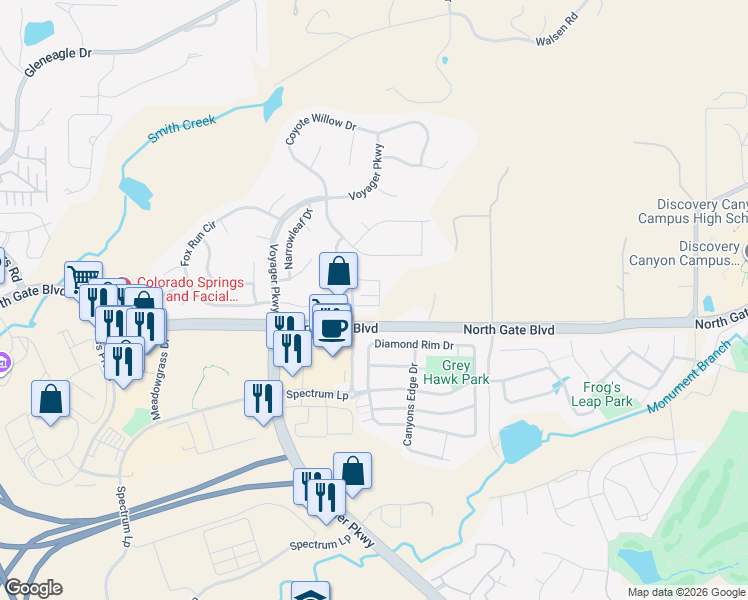 map of restaurants, bars, coffee shops, grocery stores, and more near 875 Citrine View in Colorado Springs