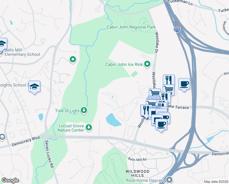 map of restaurants, bars, coffee shops, grocery stores, and more near 7576 Spring Lake Drive in Bethesda