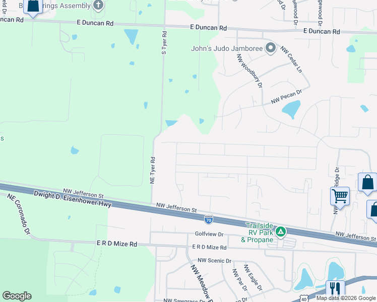 map of restaurants, bars, coffee shops, grocery stores, and more near 1603 Northwest Hilltop Lane in Grain Valley