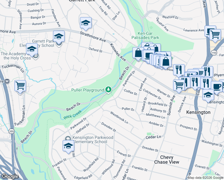 map of restaurants, bars, coffee shops, grocery stores, and more near Beach Dr in South Kensington