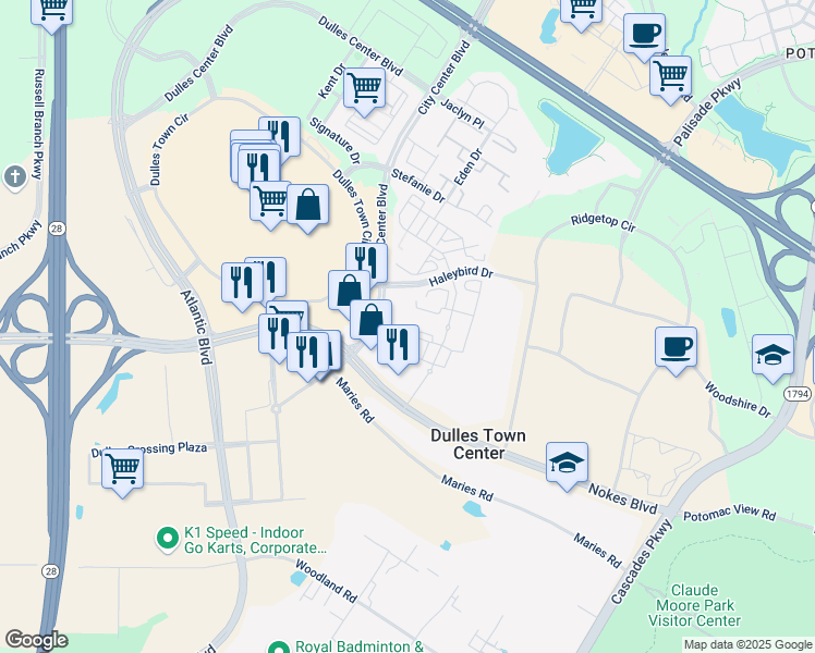 map of restaurants, bars, coffee shops, grocery stores, and more near 45742 Dayton Square in Sterling