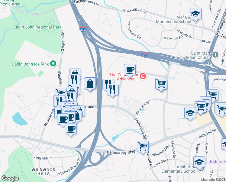map of restaurants, bars, coffee shops, grocery stores, and more near 6901 Rockledge Drive in Bethesda