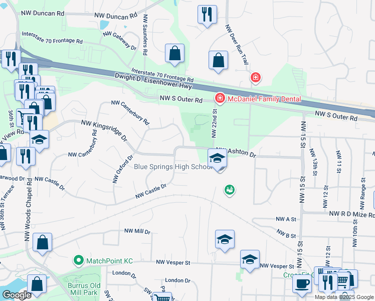 map of restaurants, bars, coffee shops, grocery stores, and more near 1017 Northwest Oxford Lane in Blue Springs