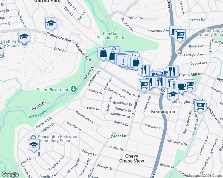 map of restaurants, bars, coffee shops, grocery stores, and more near 4303 Colchester Drive in Kensington