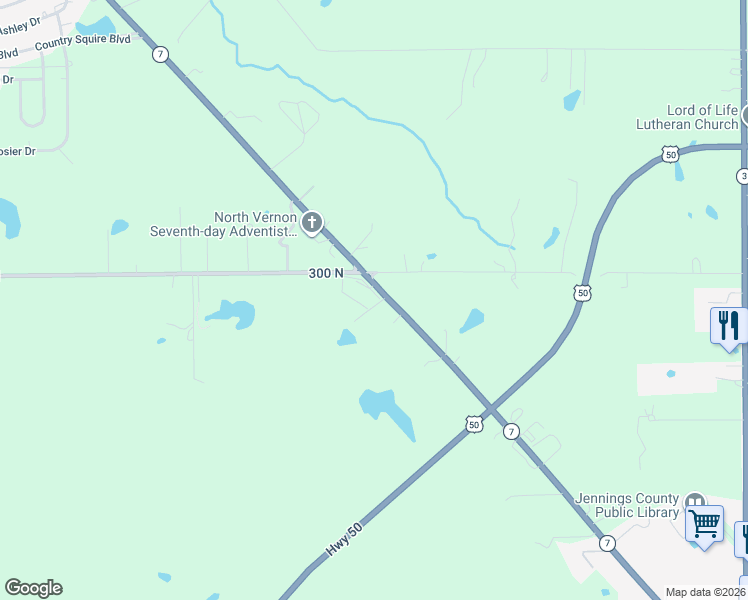 map of restaurants, bars, coffee shops, grocery stores, and more near 2990 State Highway 7 in North Vernon