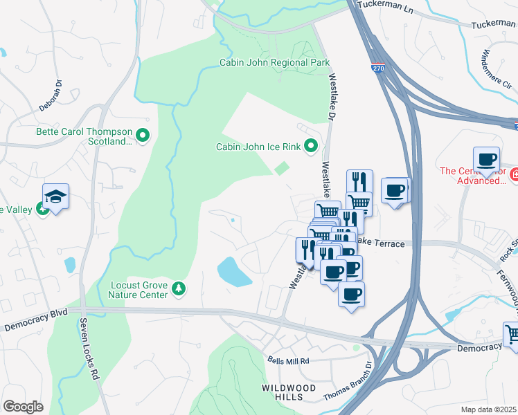 map of restaurants, bars, coffee shops, grocery stores, and more near 7563 Spring Lake Drive in Bethesda