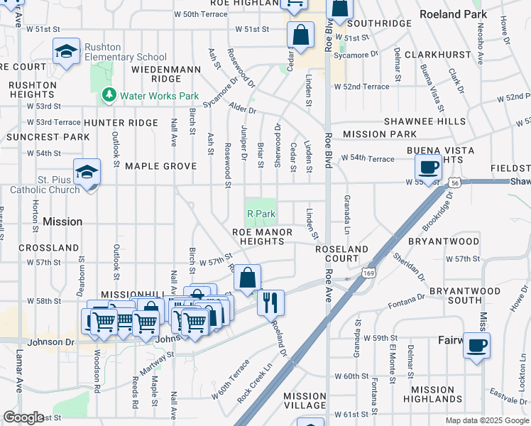 map of restaurants, bars, coffee shops, grocery stores, and more near 5527 Juniper Drive in Roeland Park