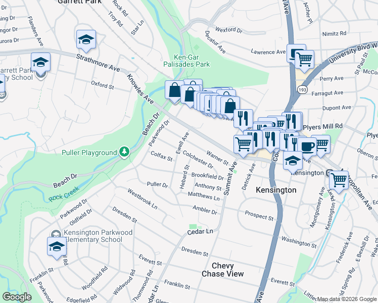 map of restaurants, bars, coffee shops, grocery stores, and more near 4303 Colchester Drive in Kensington