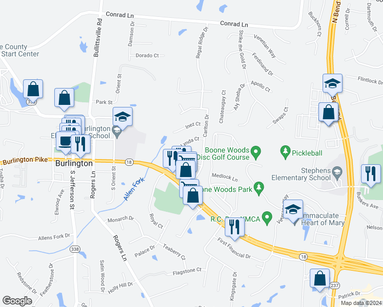 map of restaurants, bars, coffee shops, grocery stores, and more near 2612 Carre Place in Burlington