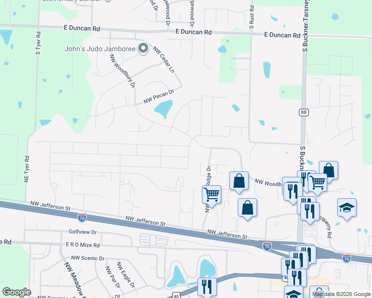 map of restaurants, bars, coffee shops, grocery stores, and more near 613 Northwest Woodbury Drive in Grain Valley