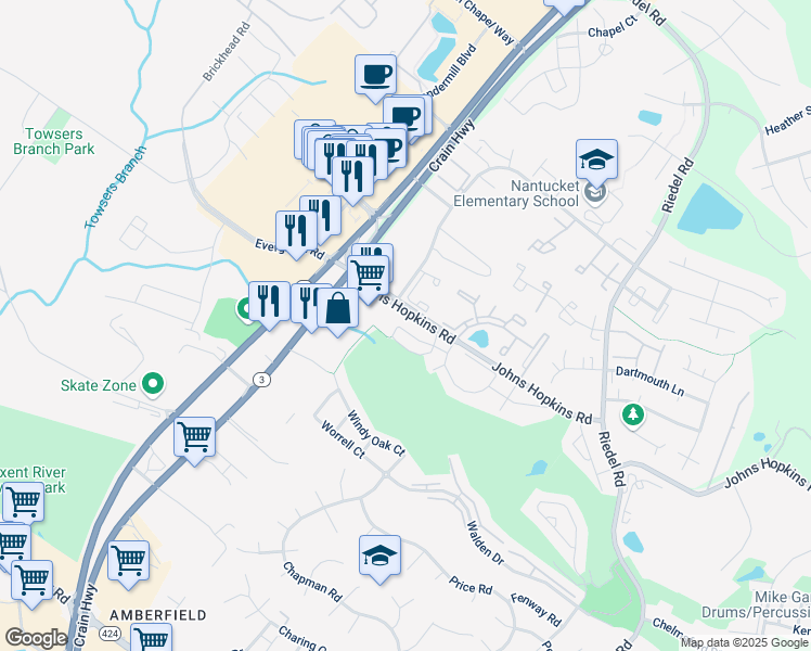 map of restaurants, bars, coffee shops, grocery stores, and more near 1611 Airy Hill Court in Crofton
