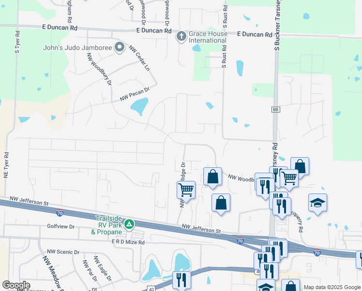 map of restaurants, bars, coffee shops, grocery stores, and more near 606 Northwest Woodbury Drive in Grain Valley