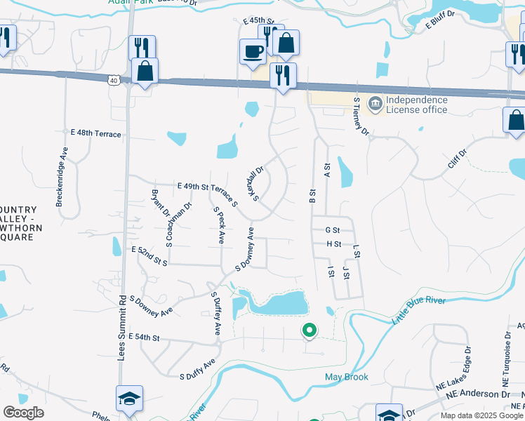 map of restaurants, bars, coffee shops, grocery stores, and more near 5008 Kendall Drive in Independence