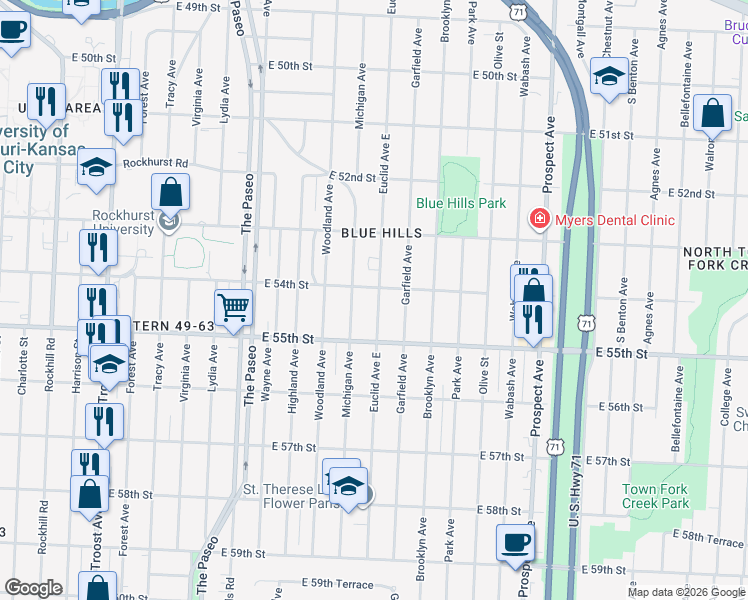 map of restaurants, bars, coffee shops, grocery stores, and more near 5401 Michigan Avenue in Kansas City