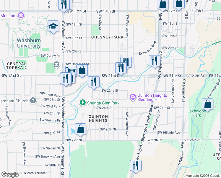 map of restaurants, bars, coffee shops, grocery stores, and more near 2135 Southwest Fillmore Street in Topeka