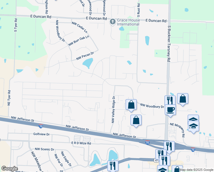 map of restaurants, bars, coffee shops, grocery stores, and more near 613 Northwest Woodbury Drive in Grain Valley