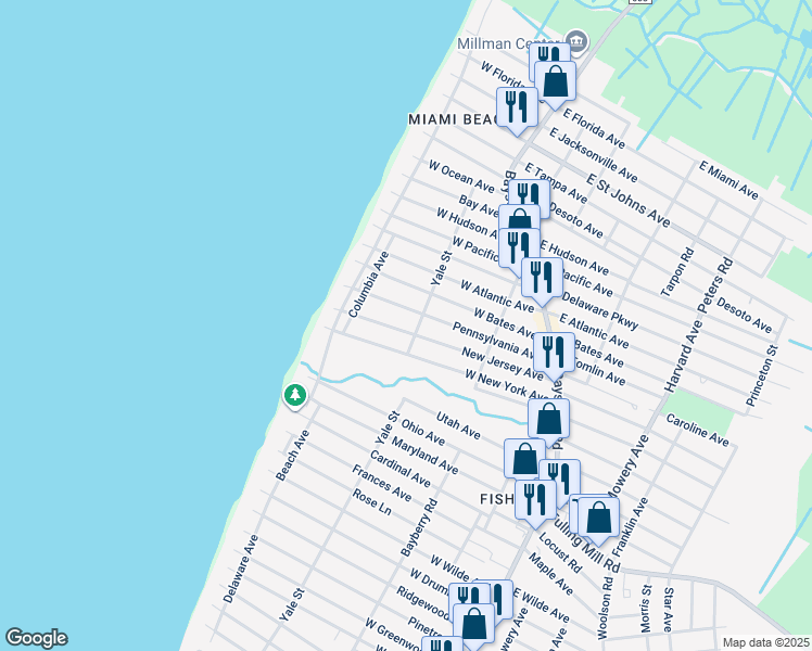 map of restaurants, bars, coffee shops, grocery stores, and more near 209 New Jersey Avenue in Lower Township