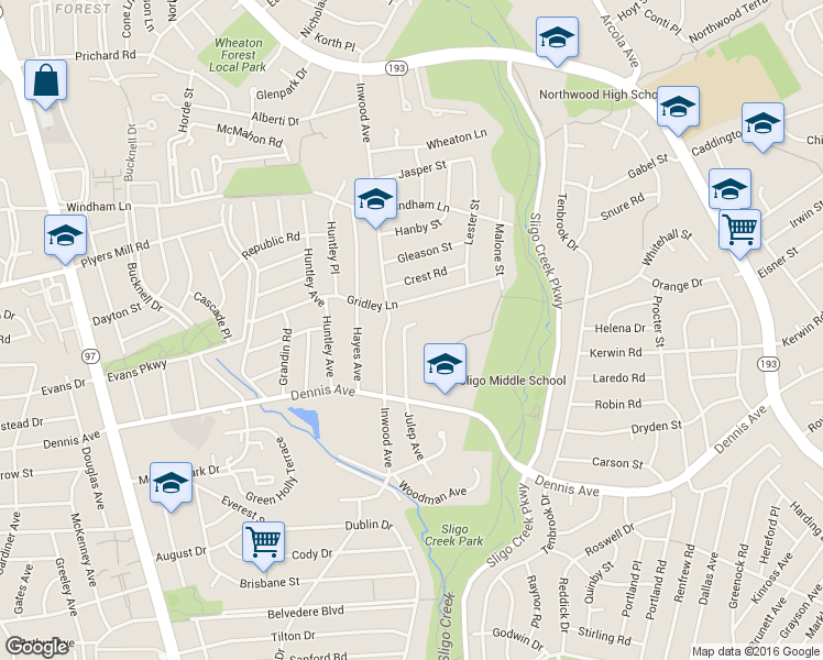 map of restaurants, bars, coffee shops, grocery stores, and more near 10425 Julep Avenue in Silver Spring