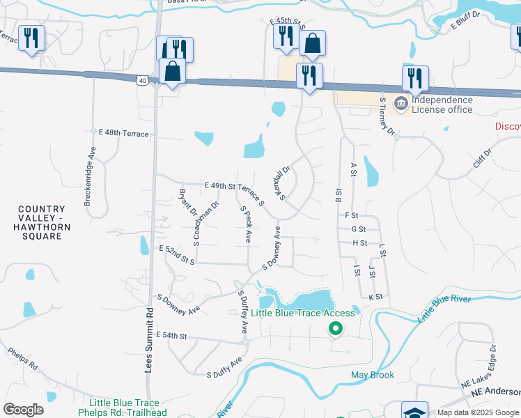 map of restaurants, bars, coffee shops, grocery stores, and more near 17001 East 49 Terrace South in Independence