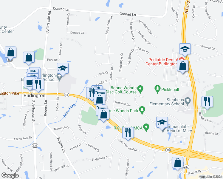map of restaurants, bars, coffee shops, grocery stores, and more near 5944 Carlton Drive in Burlington