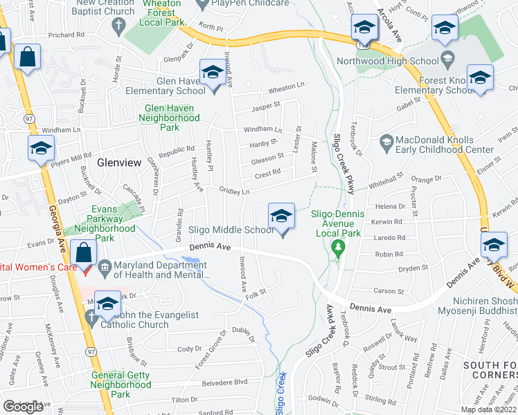 map of restaurants, bars, coffee shops, grocery stores, and more near 10425 Julep Avenue in Silver Spring