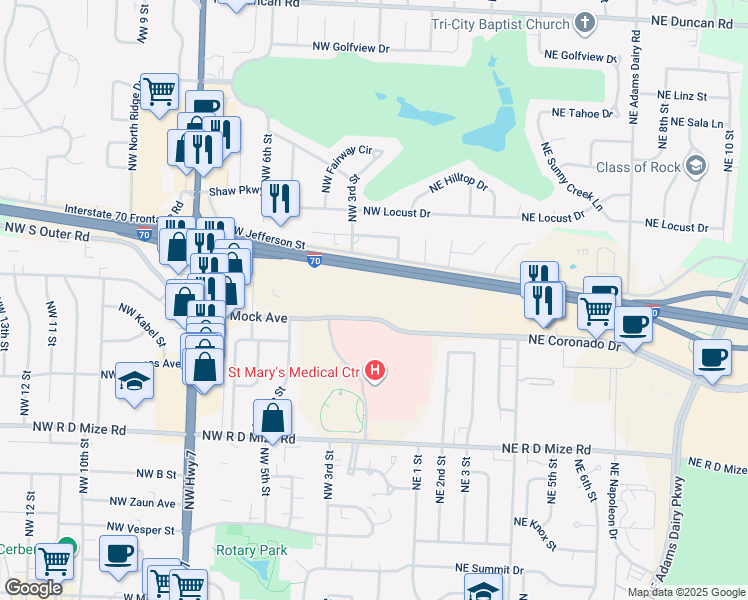 map of restaurants, bars, coffee shops, grocery stores, and more near 101 Northwest Mock Avenue in Blue Springs